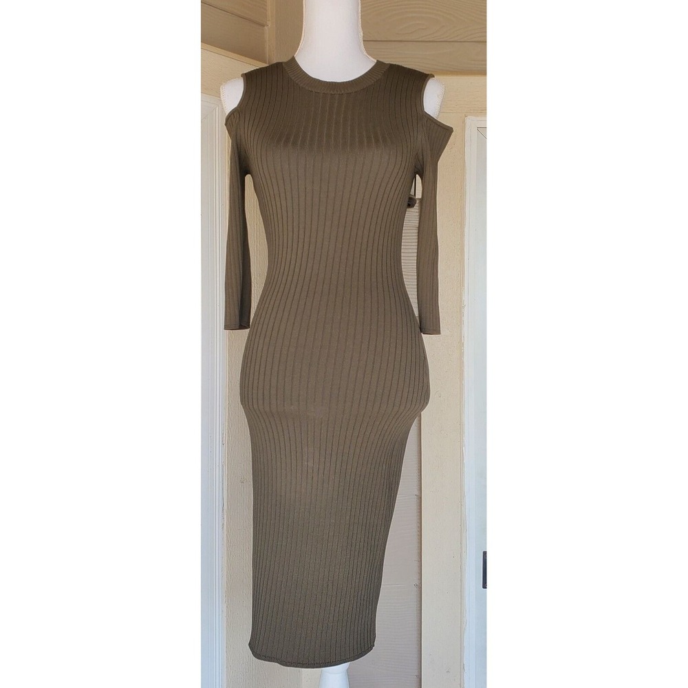 New York & Co Ribbed Sweater Dress Womens XS Olive Green Cold Shoulder